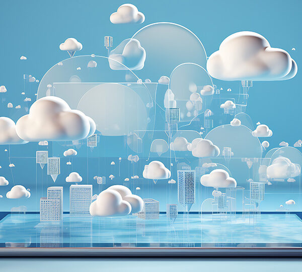 Das Bild stellt eine moderne, digitale Cloud-Infrastruktur dar, symbolisiert durch stilisierte Wolken über einem Tablet, die eine vernetzte Stadt aus Datenblöcken repräsentieren.