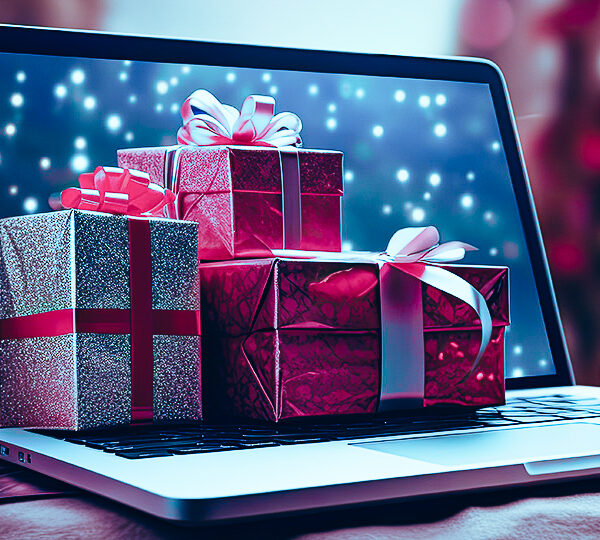 Liebevoll eingepackte Weihnachtsgeschenke sind auf einem aufgeklappten Laptop platziert.