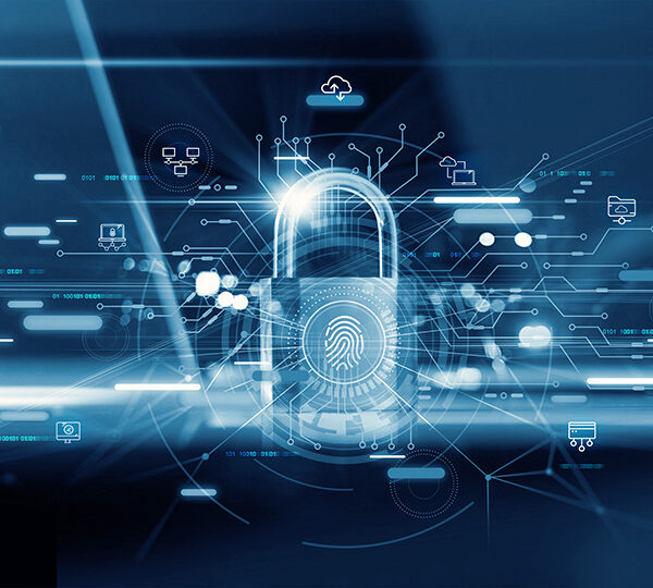 Das Bild zeigt eine stilisierte Darstellung digitaler Sicherheit mit einem zentralen Fingerabdruck-Scanner, umgeben von abstrakten Daten- und Netzwerksymbolen.
