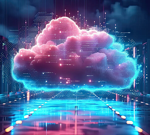 Eine digitale Wolke, die aus einer Reihe von Servern emaniert, symbolisiert die Verschmelzung von Cloud-Computing und Datenverarbeitung.