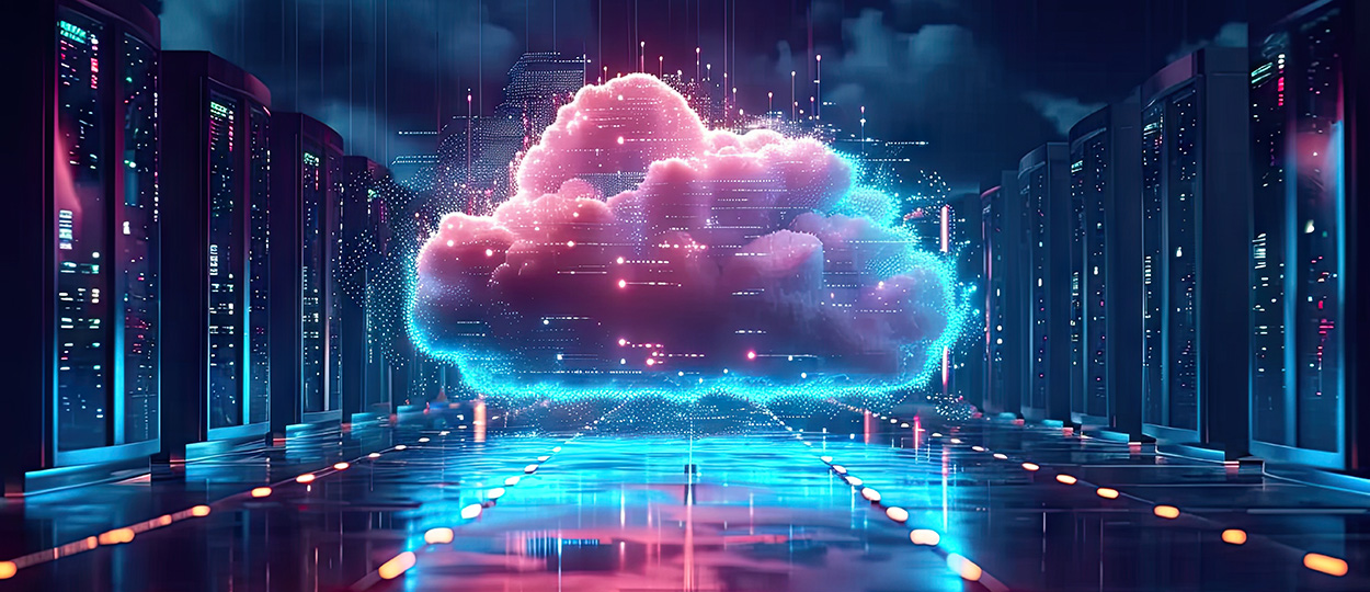 Eine digitale Wolke, die aus einer Reihe von Servern emaniert, symbolisiert die Verschmelzung von Cloud-Computing und Datenverarbeitung.