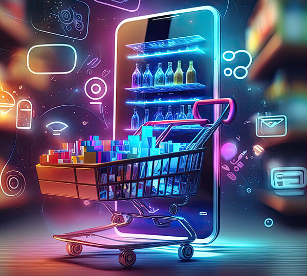 Das Bild stellt einen leuchtenden, neonfarbenen Einkaufswagen dar, der aus einem Smartphone herausfährt und symbolisch für das Online-Shopping steht, umgeben von diversen Einkaufs- und Kommunikationsicons.