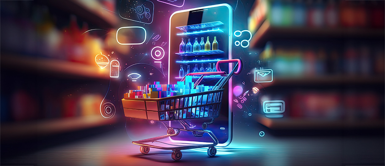Das Bild stellt einen leuchtenden, neonfarbenen Einkaufswagen dar, der aus einem Smartphone herausfährt und symbolisch für das Online-Shopping steht, umgeben von diversen Einkaufs- und Kommunikationsicons.