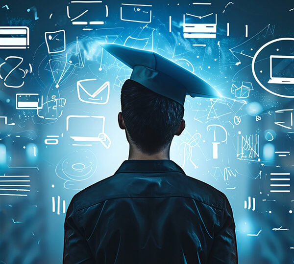 Bildbeschreibung: Ein Absolvent in einer Kappe und einem Umhang steht vor einem Hintergrund digitaler Symbole, die Bildung und Technologie symbolisieren, was auf die Integration von Bildung mit fortschrittlicher Technologie hinweist.