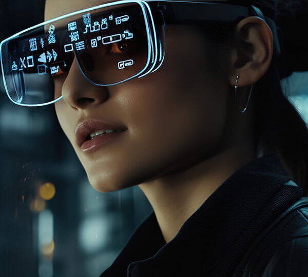 Das Bild zeigt eine Frau, die futuristische, breitrahmige AR-Brille trägt, die Daten und grafische Benutzeroberflächen vor ihren Augen anzeigt, während im Hintergrund die verschwommenen Lichter einer nächtlichen Stadt zu erkennen sind.