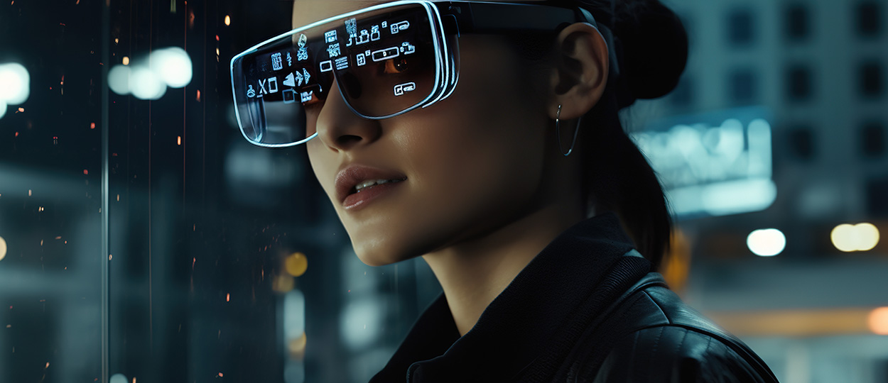 Das Bild zeigt eine Frau, die futuristische, breitrahmige AR-Brille trägt, die Daten und grafische Benutzeroberflächen vor ihren Augen anzeigt, während im Hintergrund die verschwommenen Lichter einer nächtlichen Stadt zu erkennen sind.