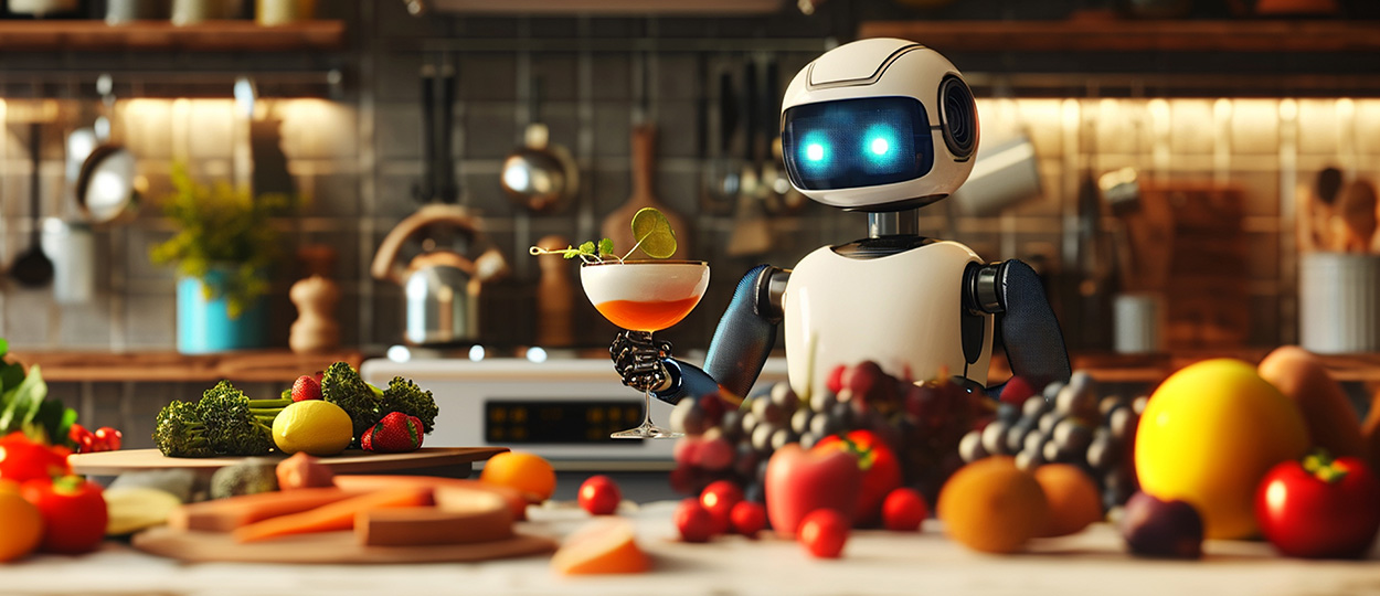 Das Bild zeigt einen Roboter, der in einer Küche steht und einen Cocktail serviert, umgeben von frischem Gemüse und Obst, was die Integration von Robotik in die Kulinarik illustriert.
