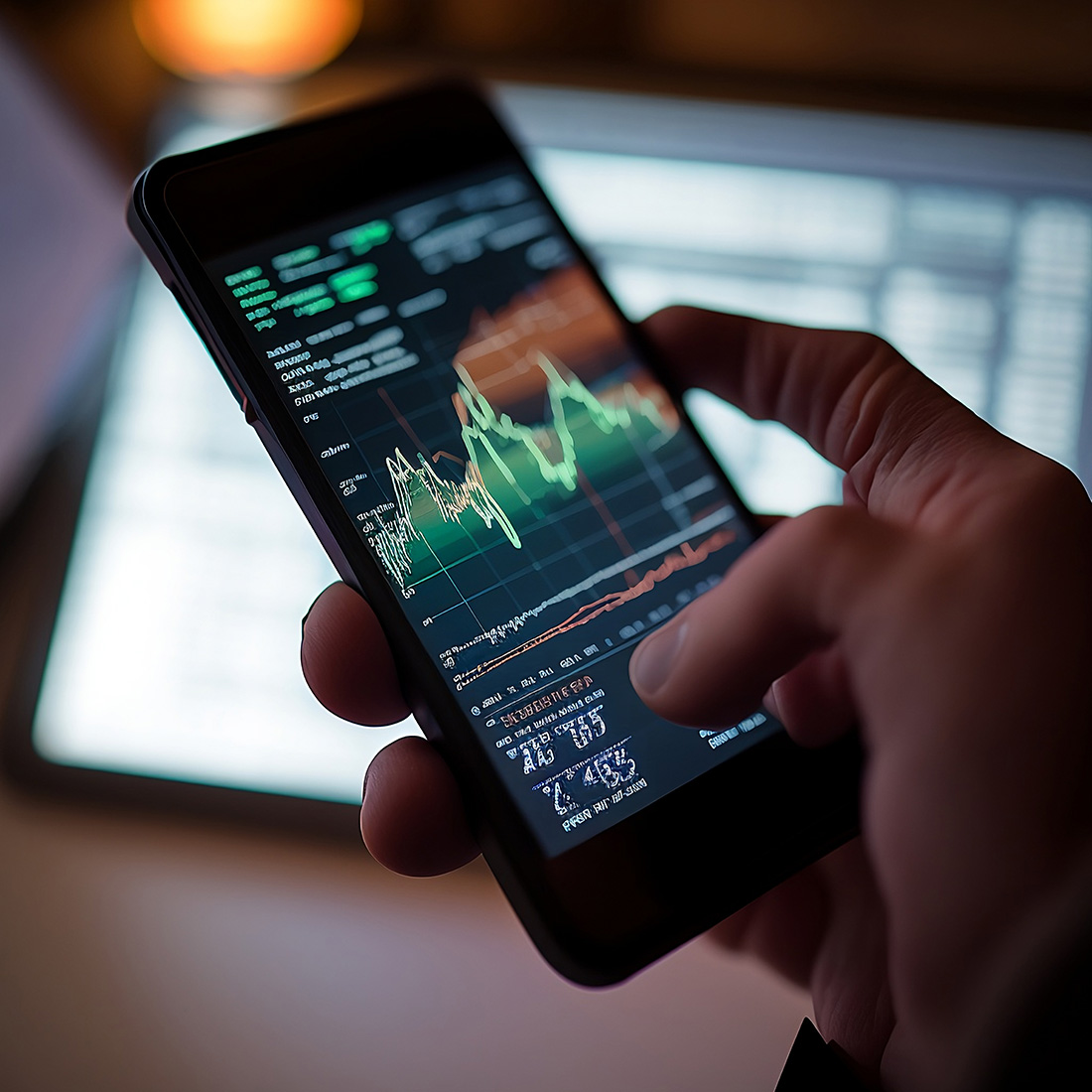 Das Bild zeigt eine Hand, die ein Smartphone hält, auf dessen Bildschirm Börsendiagramme und Finanzdaten zu sehen sind, was auf mobiles Trading oder das Überprüfen von Aktienkursen hindeutet.