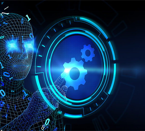 Das Bild zeigt eine digitale Illustration eines menschenähnlichen Avatars mit leuchtenden blauen Augen, der eine symbolische Einstellung in einem holographischen Interface berührt, das mit dem Begriff "Content Marketing" beschriftet ist.
