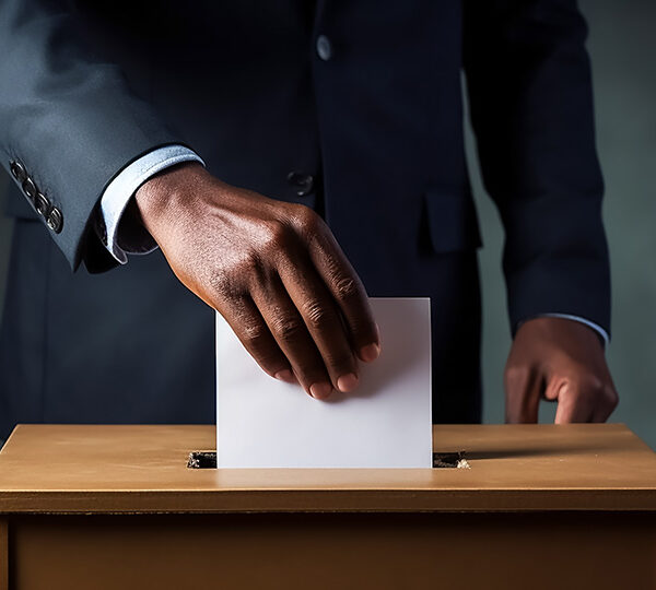 Das Foto zeigt eine Person, die ihren Wahlbrief in eine Urne wirfr.