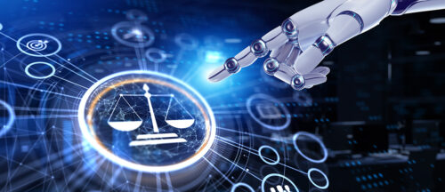 Bildbeschreibung: Eine Roboterhand, die über einer digitalen Waage schwebt, symbolisiert KI im Rechtswesen.