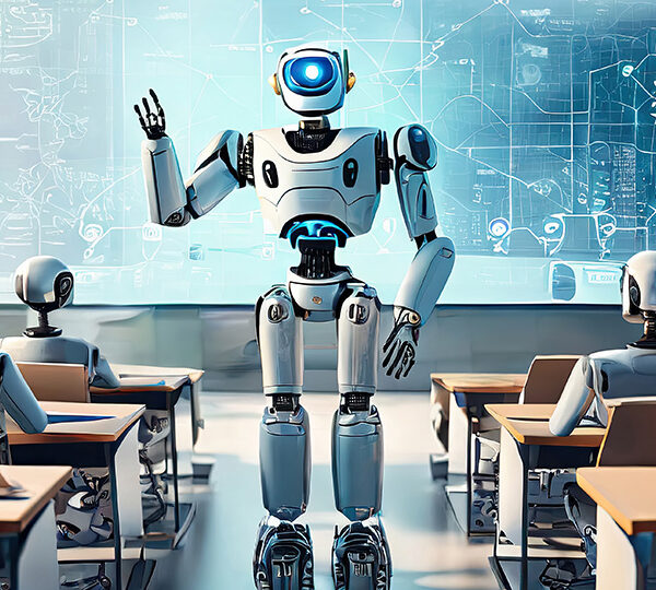 Ein Roboter steht als Lehrer vor einer Klasse von Roboter-Schülern, eine Zukunftsvision der Bildung.