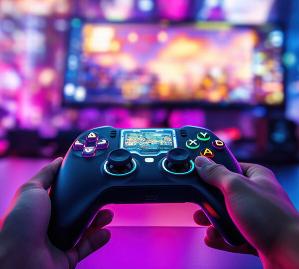 Das Bild zeigt verschiedene Gaming-Zubehörteile, darunter ein Headset, eine VR-Brille, Controller und eine Tastatur, die auf einer Oberfläche mit blauem und pinkfarbenem Licht liegen.