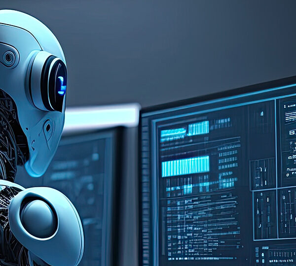 Das Bild zeigt einen humanoiden Roboter, der vor mehreren Bildschirmen mit komplexen Datendiagrammen und Codes sitzt, was auf eine Szene aus der fortschrittlichen Robotik oder künstlichen Intelligenz hinweist.