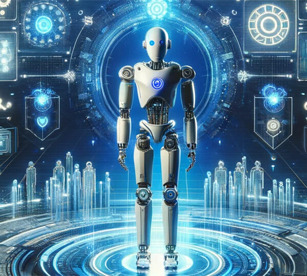 Das Bild präsentiert eine futuristische Szenerie mit einem zentral platzierten humanoiden Roboter, umgeben von interaktiven, schwebenden digitalen Panels und Informationsgrafiken in einem virtuellen Raum.