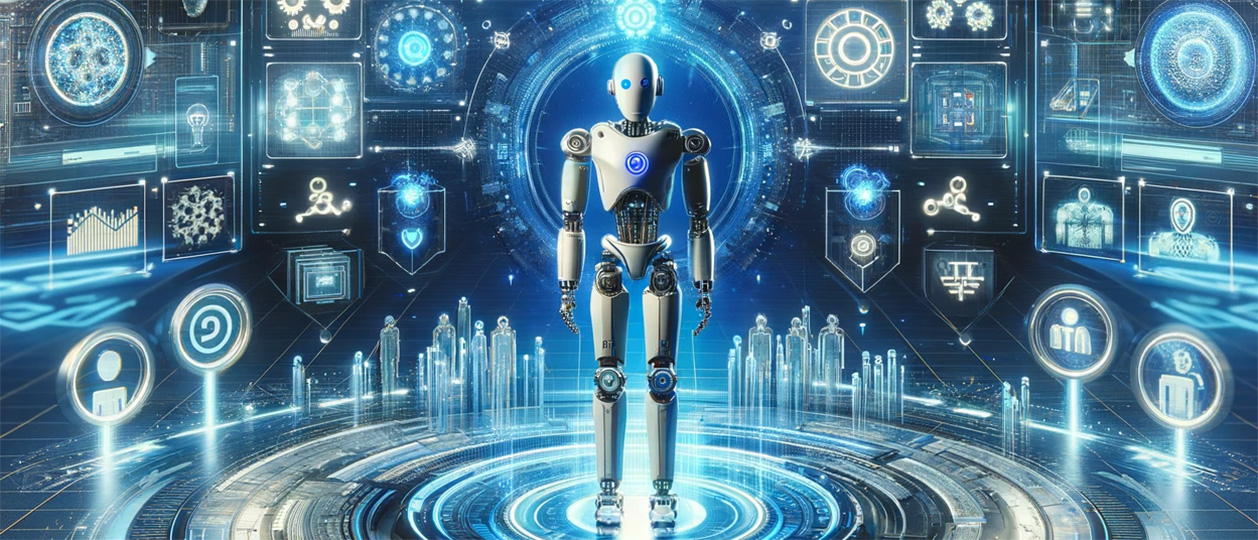 Das Bild präsentiert eine futuristische Szenerie mit einem zentral platzierten humanoiden Roboter, umgeben von interaktiven, schwebenden digitalen Panels und Informationsgrafiken in einem virtuellen Raum.