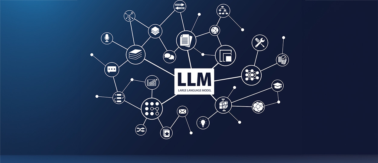 Das Bild zeigt ein Netzwerkdiagramm mit verschiedenen Symbolen, die für Aktivitäten oder Konzepte stehen, zentral verbunden durch das Etikett "LLM", was für "Large Language Model" steht, auf einem dunkelblauen Hintergrund.