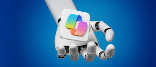 Das Bild zeigt eine futuristische Darstellung von Technologie und Kommunikation mit einer Hand, vor der das MS Copilot Logo schwebt.