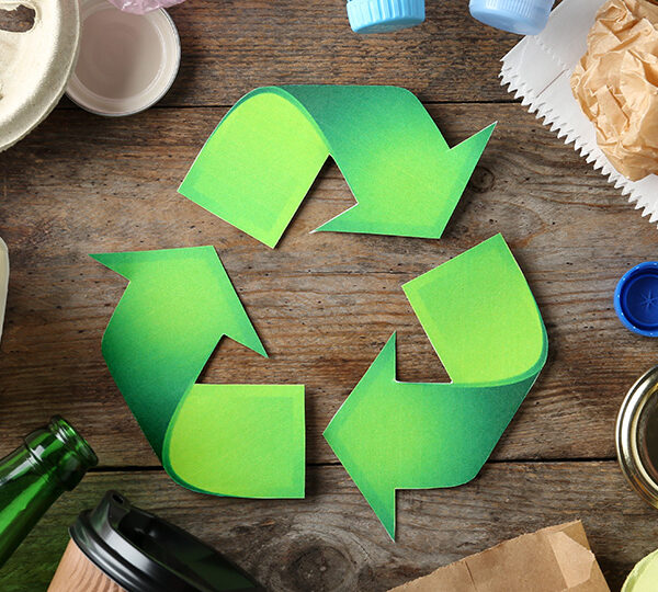Das Bild zeigt verschiedene Arten von Müll, die um ein großes grünes Recycling-Symbol auf einer hölzernen Oberfläche verstreut sind.