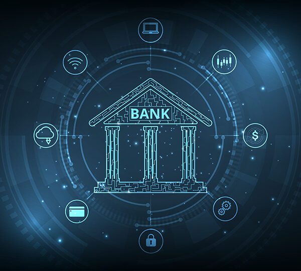 Das Bild zeigt ein digitales, futuristisches Bankgebäude im Stil einer schematischen, blauen Neonzeichnung mit umgebenden Symbolen für Sicherheit, Kommunikation und Geld.