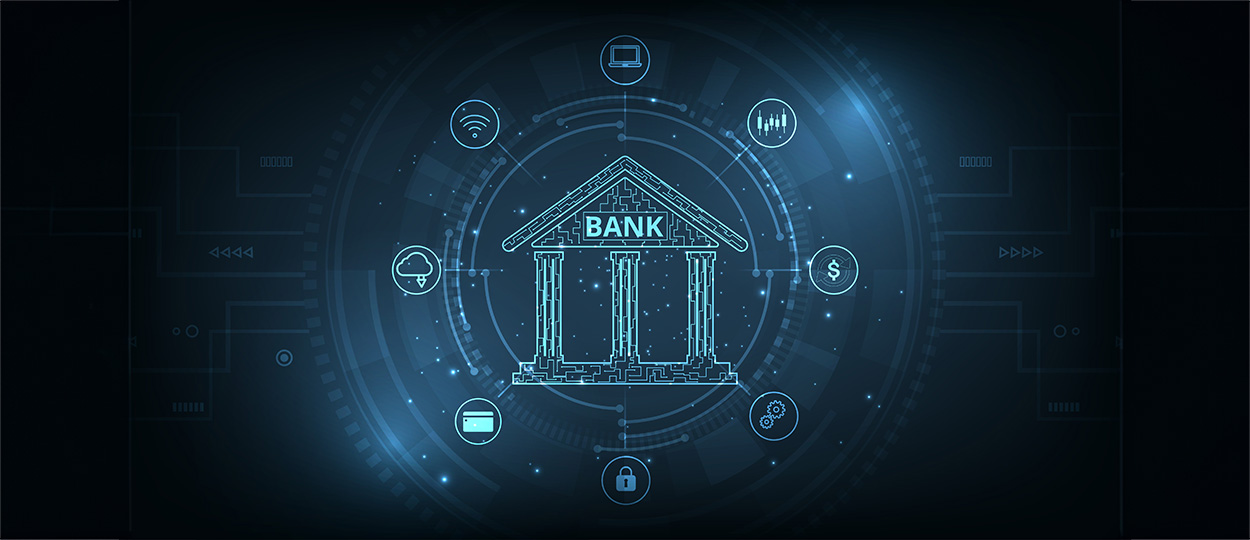 Das Bild zeigt ein digitales, futuristisches Bankgebäude im Stil einer schematischen, blauen Neonzeichnung mit umgebenden Symbolen für Sicherheit, Kommunikation und Geld.