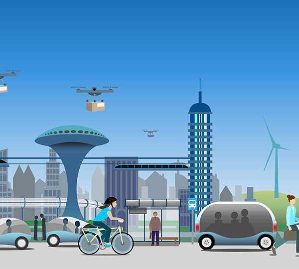Bildbeschreibung: Eine Illustration einer Smart City mit Personen, die Elektro-Scooter benutzen, und Drohnen, die über futuristischen Gebäuden fliegen.