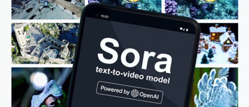 Smartphone mit "Sora" auf dem Bildschirm, im Hintergrund Screenshots von Videos