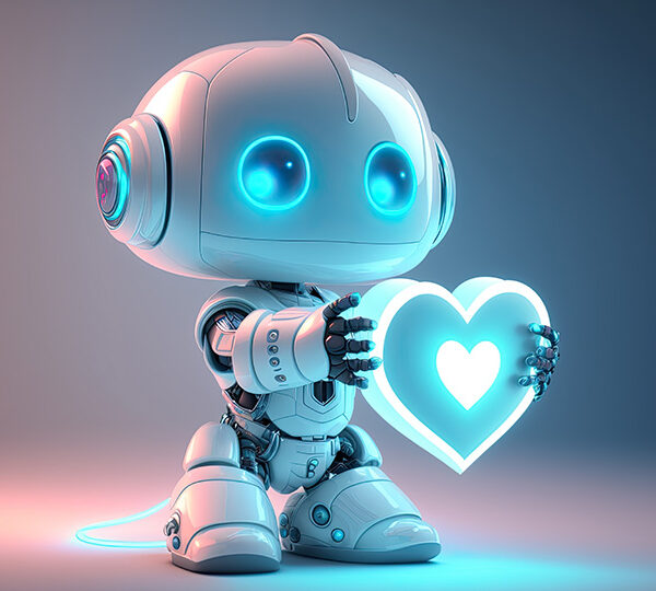 Das Bild zeigt einen stilisierten Roboter mit kindlichen Zügen, der in einer weichen Beleuchtung steht und ein herzförmiges, leuchtendes Objekt in seinen Händen hält, was Zuneigung und Liebe symbolisieren könnte.