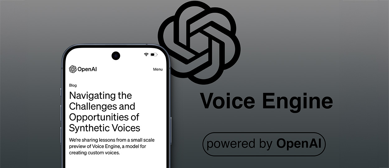 Ein Smartphone zeigt einen Blogbeitrag von OpenAI mit der Überschrift "Navigating the Challenges and Opportunities of Synthetic Voices" und darunter der Text "Voice Engine powered by OpenAI", vor dem Hintergrund eines grauen Knotenlogos.